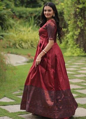 Maroon silk blend free size stitched anarkali gown with weaving work 4