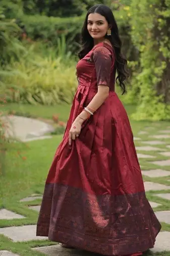 Maroon silk blend free size stitched anarkali gown with weaving work