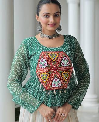 green bandhani free size stitched navratri top with kutchi gamthi patch work 1