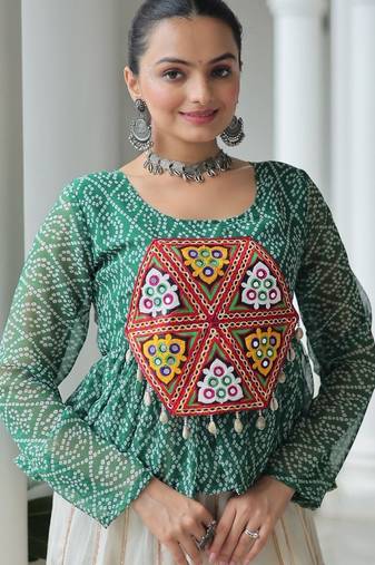 green bandhani free size stitched navratri top with kutchi gamthi patch work