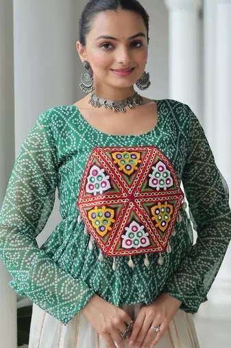 green bandhani free size stitched navratri top with kutchi gamthi patch work
