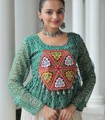 green bandhani free size stitched navratri top with kutchi gamthi patch work