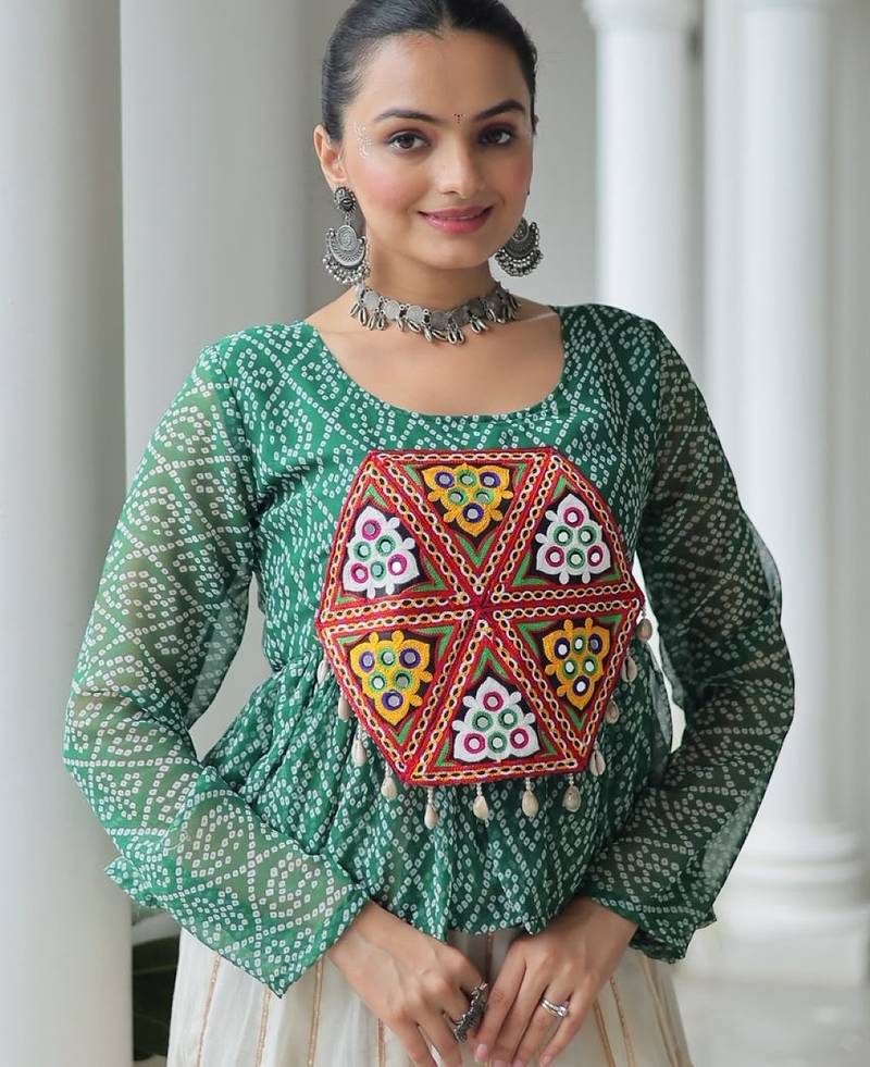 green bandhani free size stitched navratri top with kutchi gamthi patch work