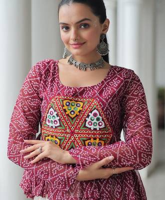 Maroon bandhani free size stitched navratri top with kutchi gamthi patch work 2