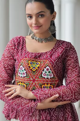 Maroon bandhani free size stitched navratri top with kutchi gamthi patch work