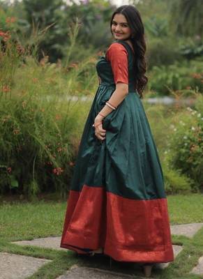 green banarasi silk free size stitched anarkali gown with weaving work 4