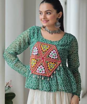 green bandhani free size stitched navratri top with kutchi gamthi patch work 2