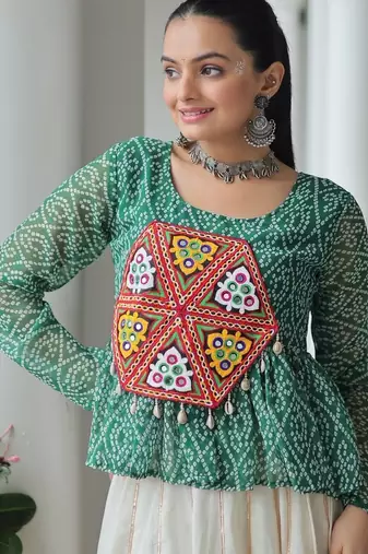 green bandhani free size stitched navratri top with kutchi gamthi patch work