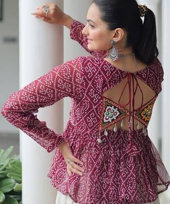 Maroon bandhani free size stitched navratri top with kutchi gamthi patch work 3