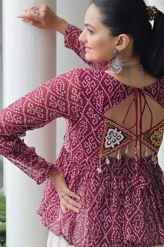 Maroon bandhani free size stitched navratri top with kutchi gamthi patch work