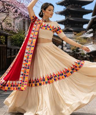 Cream Rayon Cotton Navratri Lehenga Choli with Gamthi Work & Red Dupatta 4
