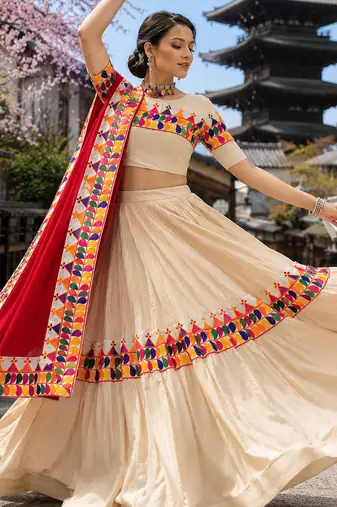 Cream Rayon Cotton Navratri Lehenga Choli with Gamthi Work & Red Dupatta