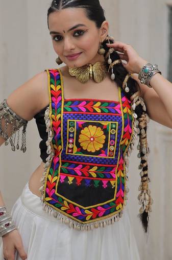 Black satin free size stitched navratri top with kutchi gamthi embroidery & mirror work