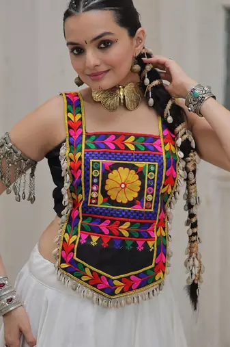 Black satin free size stitched navratri top with kutchi gamthi embroidery & mirror work