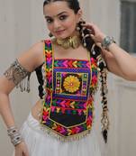 Black satin free size stitched navratri top with kutchi gamthi embroidery & mirror work