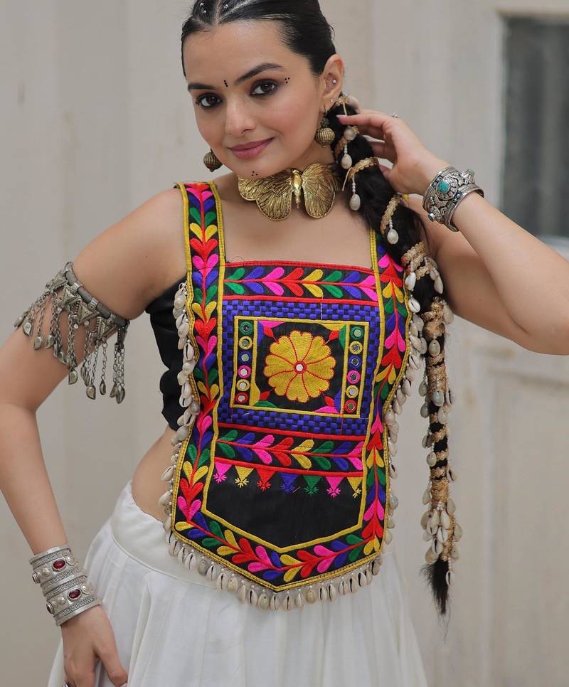 Black satin free size stitched navratri top with kutchi gamthi embroidery & mirror work