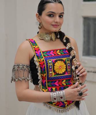 Black satin free size stitched navratri top with kutchi gamthi embroidery & mirror work 2