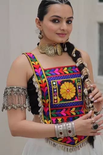 Black satin free size stitched navratri top with kutchi gamthi embroidery & mirror work