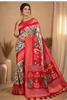 Multi color 1 Ikkat Patola Printing With Hand Made Tassels Fumka Dola Silk Saree 1