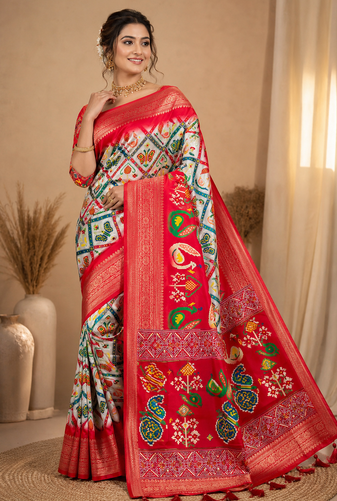 Multi 1 Ikkat Patola Printing With Hand Made Tassels Fumka Dola Silk Saree