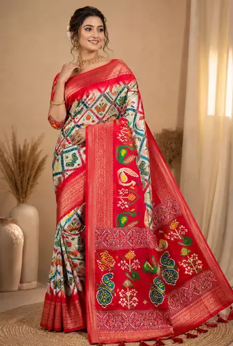 Multi color 1 Ikkat Patola Printing With Hand Made Tassels Fumka Dola Silk Saree
