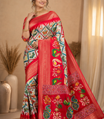 Multi color 1 Ikkat Patola Printing With Hand Made Tassels Fumka Dola Silk Saree