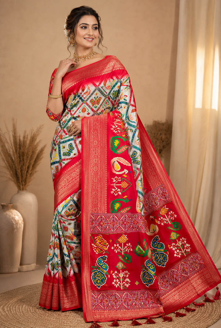 Multi color 1 Ikkat Patola Printing With Hand Made Tassels Fumka Dola Silk Saree