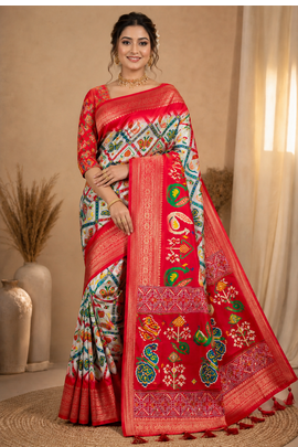 Multi color 1 Ikkat Patola Printing With Hand Made Tassels Fumka Dola Silk Saree 2