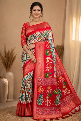 Multi color 1 Ikkat Patola Printing With Hand Made Tassels Fumka Dola Silk Saree