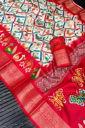 Multi color 1 Ikkat Patola Printing With Hand Made Tassels Fumka Dola Silk Saree