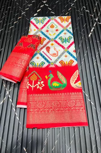 Multi color 1 Ikkat Patola Printing With Hand Made Tassels Fumka Dola Silk Saree