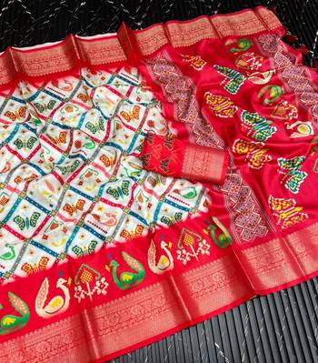 Multi color 1 Ikkat Patola Printing With Hand Made Tassels Fumka Dola Silk Saree 5
