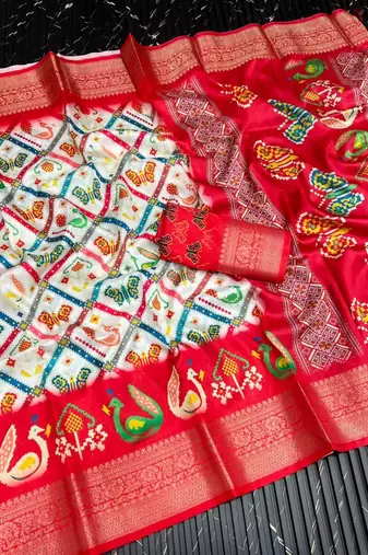 Multi color 1 Ikkat Patola Printing With Hand Made Tassels Fumka Dola Silk Saree