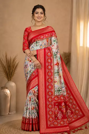 Multi color 2 Ikkat Patola Printing With Hand Made Tassels Fumka Dola Silk Saree
