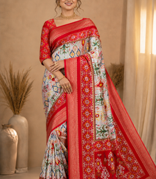 Multi color 2 Ikkat Patola Printing With Hand Made Tassels Fumka Dola Silk Saree
