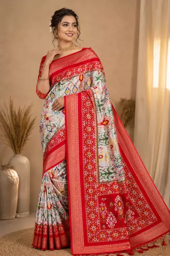 Multi color 2 Ikkat Patola Printing With Hand Made Tassels Fumka Dola Silk Saree