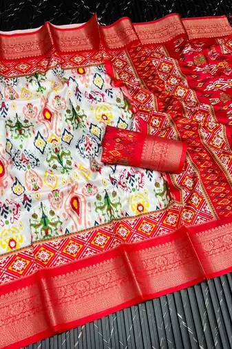 Multi color 2 Ikkat Patola Printing With Hand Made Tassels Fumka Dola Silk Saree