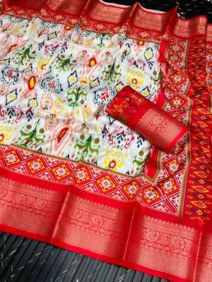 Multi color 2 Ikkat Patola Printing With Hand Made Tassels Fumka Dola Silk Saree 4