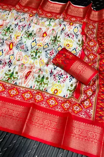 Multi color 2 Ikkat Patola Printing With Hand Made Tassels Fumka Dola Silk Saree