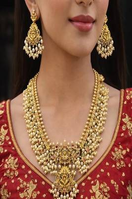 Antique Gold Temple Jewelry Set – Goddess Lakshmi Haram Necklace, Pearl Earrings 1
