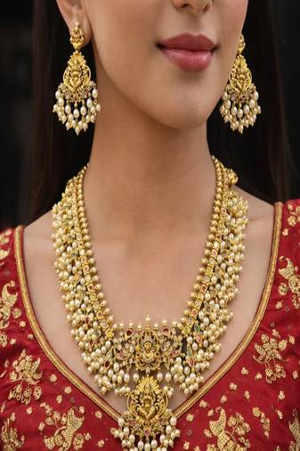 Antique Gold Temple Jewelry Set – Goddess Lakshmi Haram Necklace, Pearl Earrings