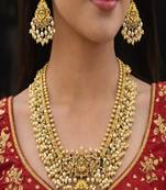 Antique Gold Temple Jewelry Set – Goddess Lakshmi Haram Necklace, Pearl Earrings
