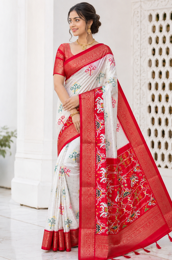 Multi 3 Ikkat Patola Printing With Hand Made Tassels Fumka Dola Silk Saree