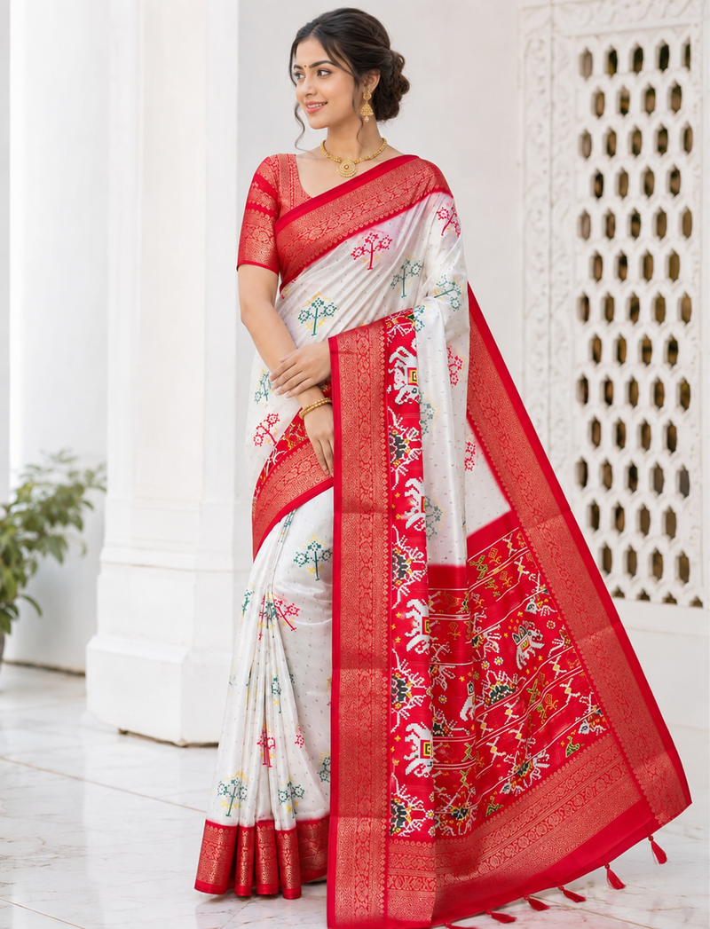 Multi color 3 Ikkat Patola Printing With Hand Made Tassels Fumka Dola Silk Saree