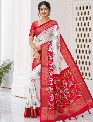 Multi color 3 Ikkat Patola Printing With Hand Made Tassels Fumka Dola Silk Saree 2