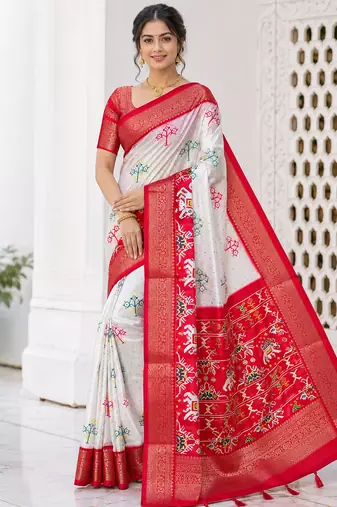 Multi color 3 Ikkat Patola Printing With Hand Made Tassels Fumka Dola Silk Saree