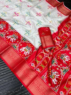 Multi color 3 Ikkat Patola Printing With Hand Made Tassels Fumka Dola Silk Saree 3