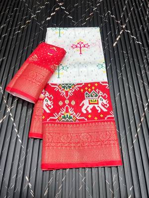 Multi color 3 Ikkat Patola Printing With Hand Made Tassels Fumka Dola Silk Saree 4