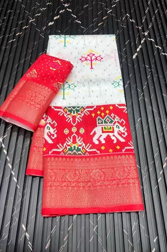 Multi color 3 Ikkat Patola Printing With Hand Made Tassels Fumka Dola Silk Saree