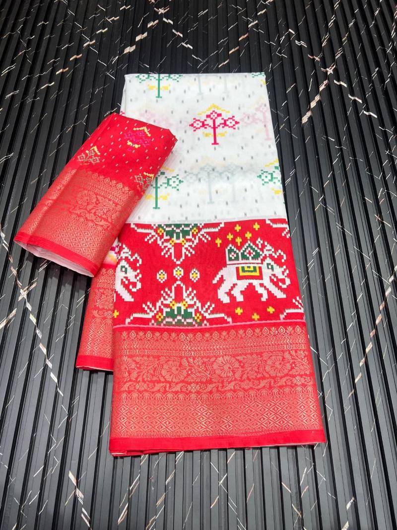 Multi color 3 Ikkat Patola Printing With Hand Made Tassels Fumka Dola Silk Saree